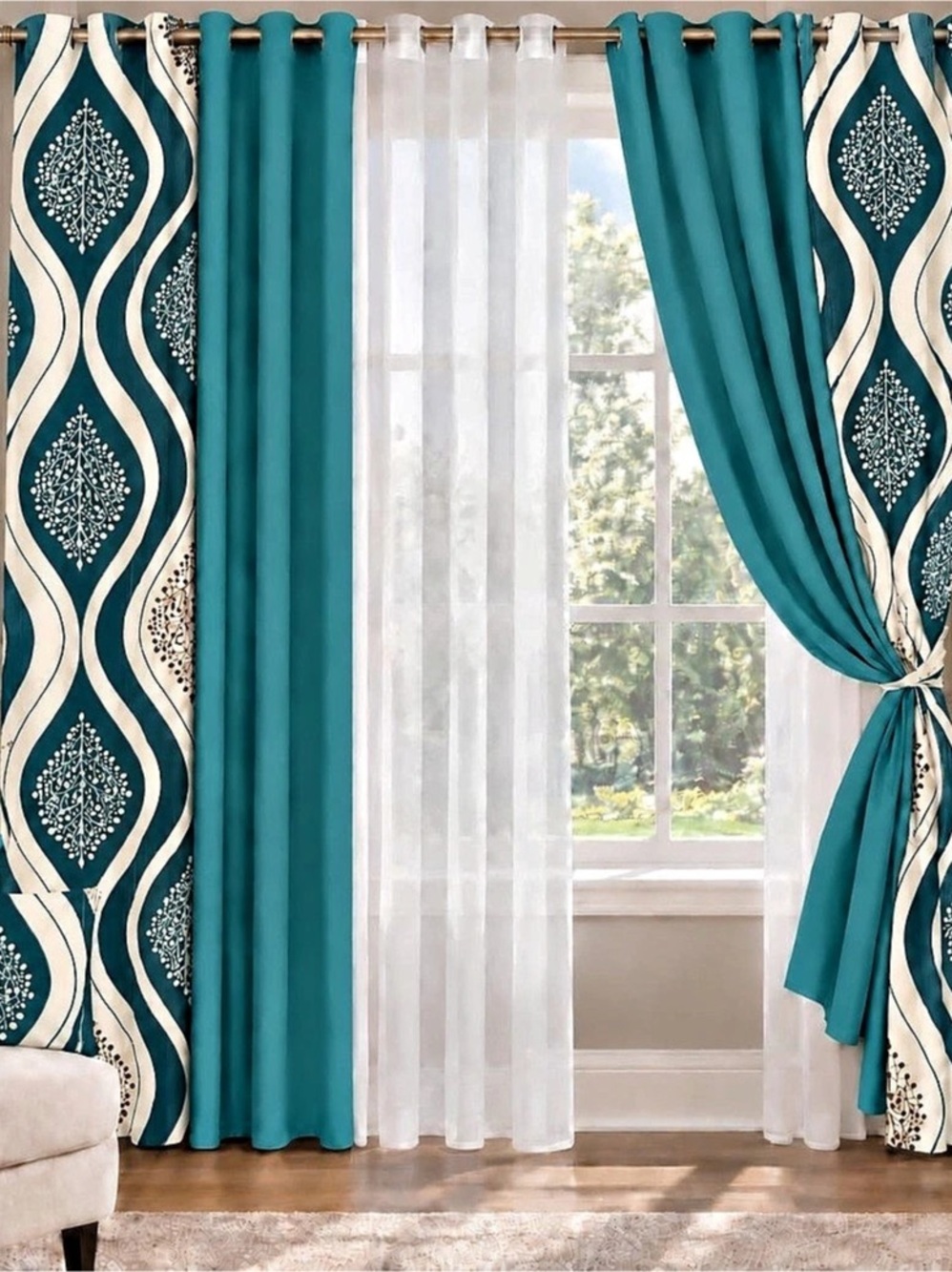 Blue & White Geometric Window Curtains